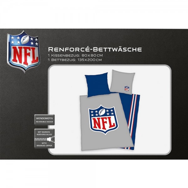 NFL Renforce Wendebettwäsche NFL Shield Logo - 135cm x 200cm Grau-Navy